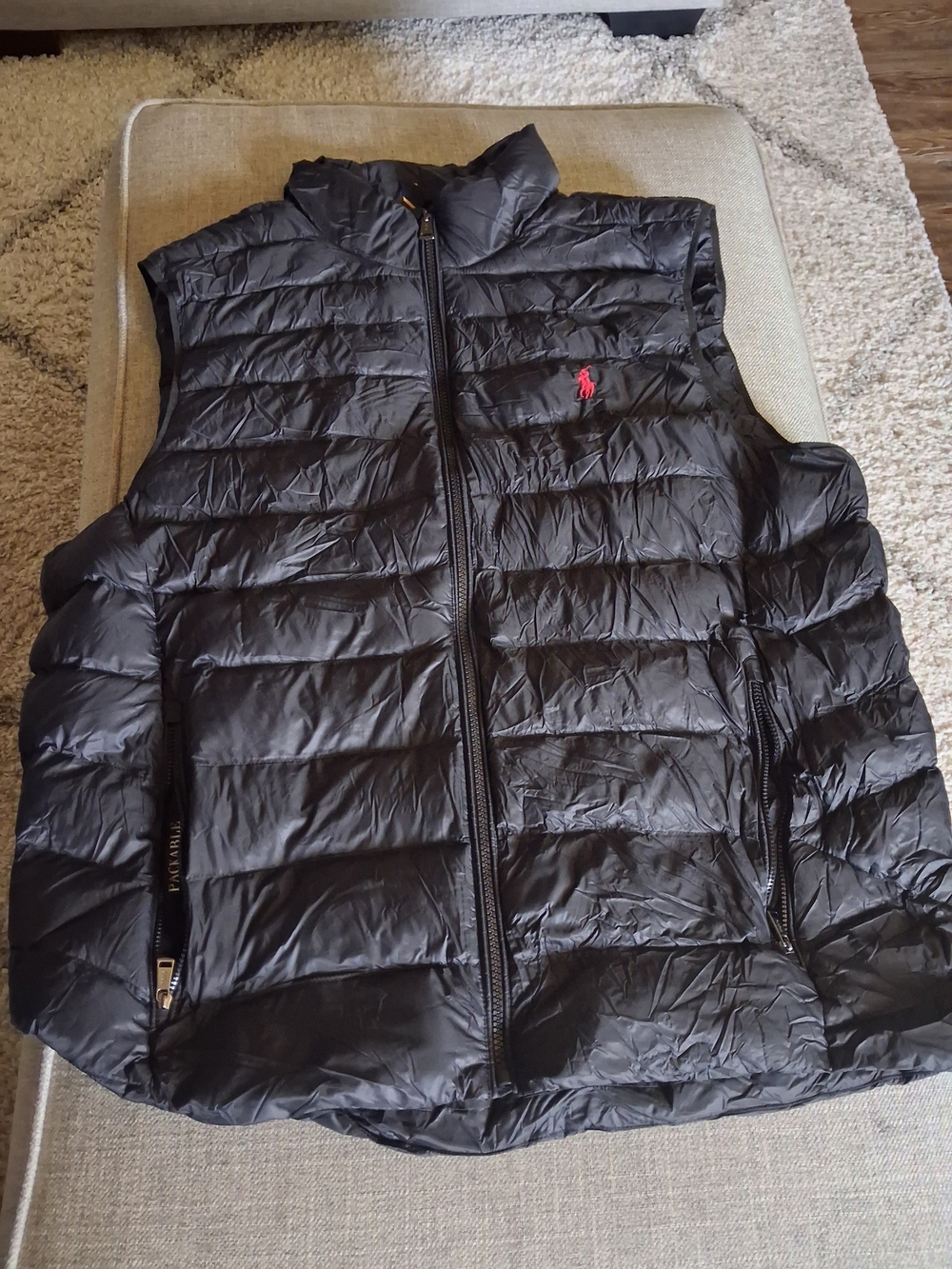 Ralph Lauren Black Quilted Packable Puffer Vest with Red Polo Logo